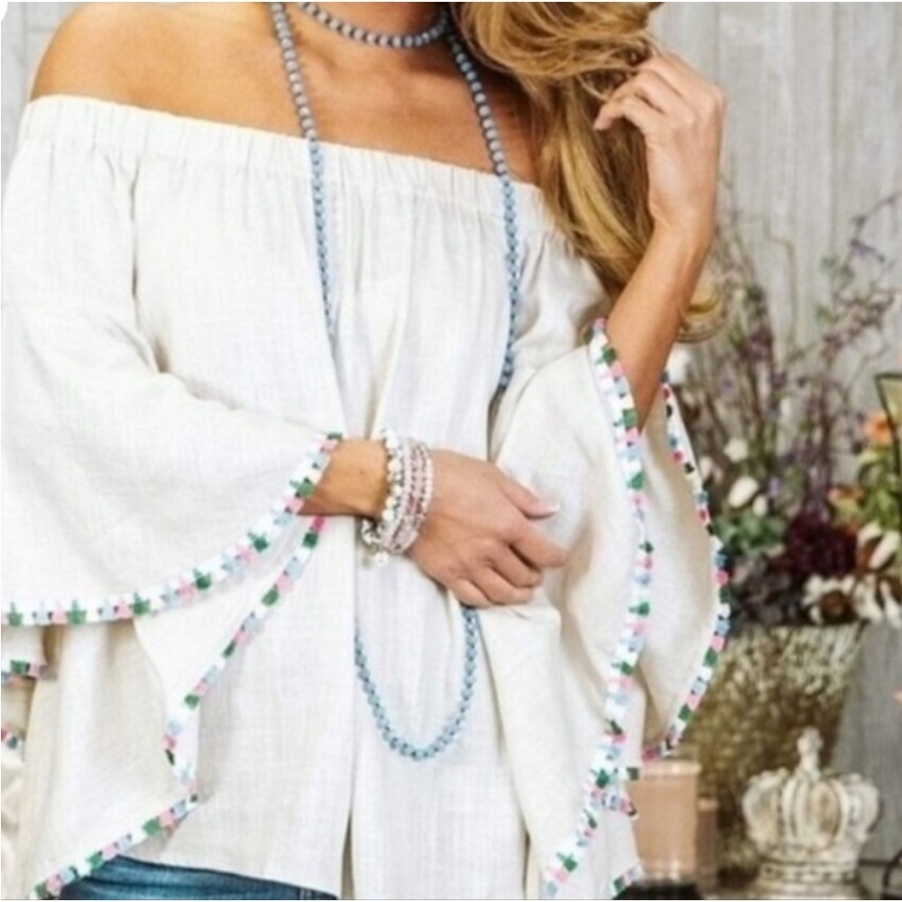 Zara Woman White Linen Off Shoulder Bell Sleeve Tassel Boho Top XS